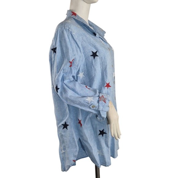 John Mark Women's Size 2X Linen Shirt Top 4th of July Star Embroidered Blue (42) - Picture 3 of 13